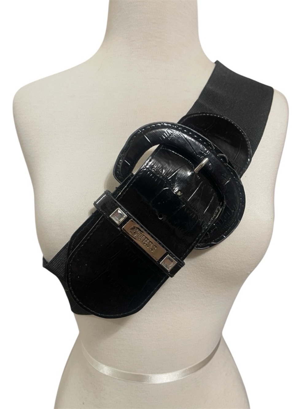 Y2K Guess Stretchy Wide Black Patent Wide Croc-Effect Belt